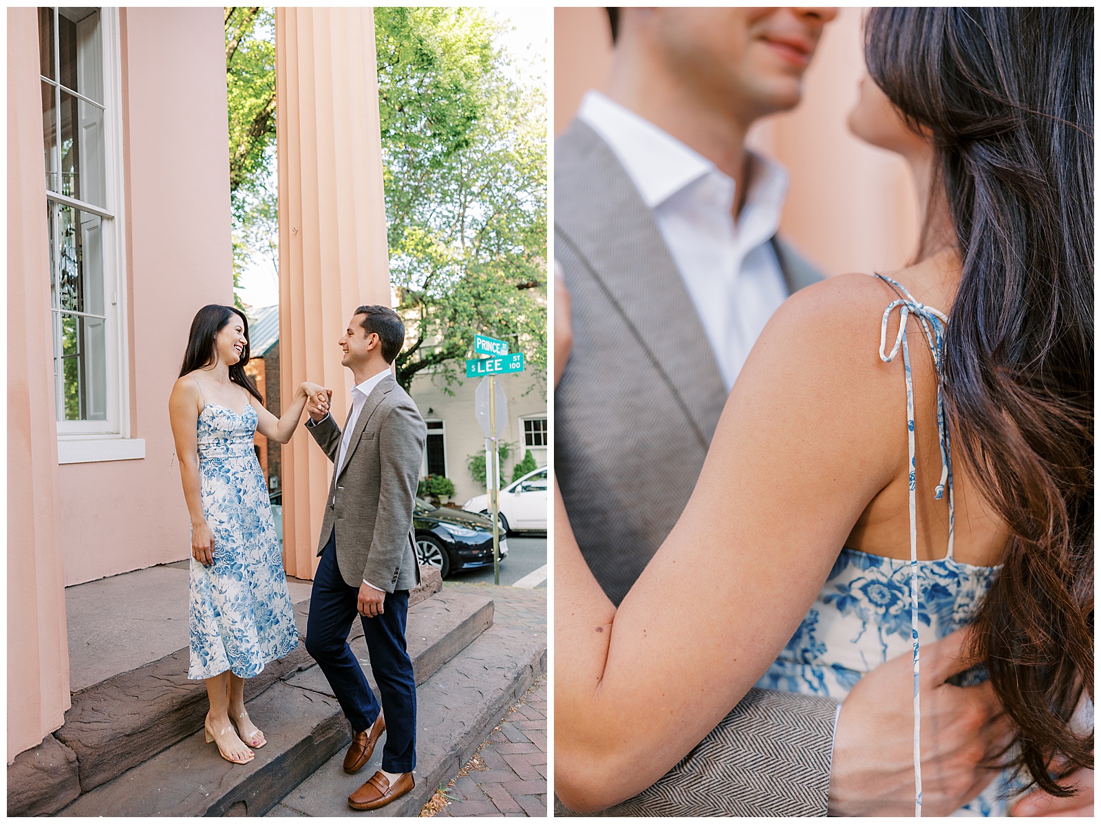 "Engaged couple sharing a romantic moment on the steps of a pink columned building at the corner of Prince and S. Lee Street in Old Town Alexandria; she wears a blue and white floral dress, and he wears a light gray blazer and navy pants, both smiling and holding hands."